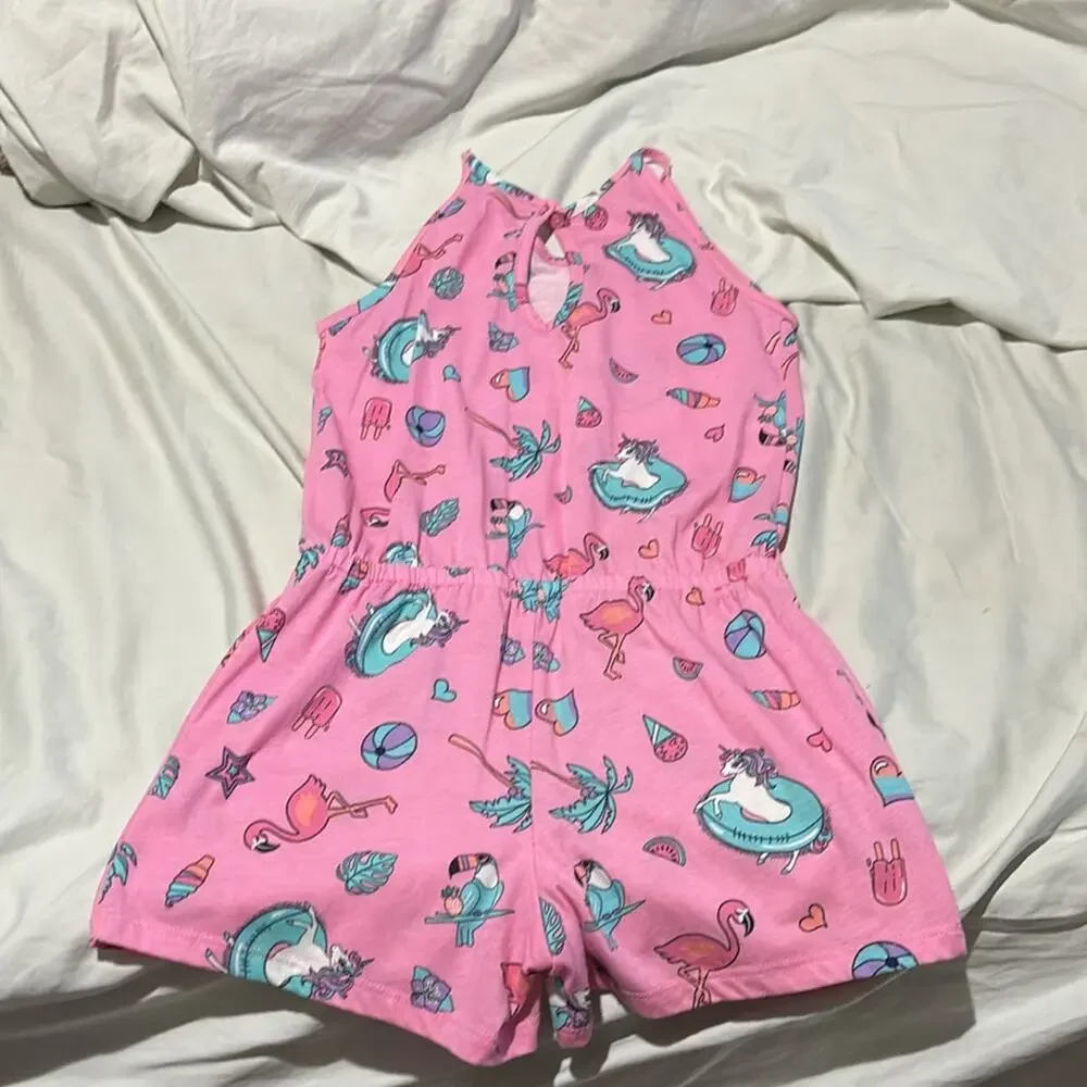 Childrens place M 7/8 pink shorts romper unicorn in a floatie flamingo pops nwot